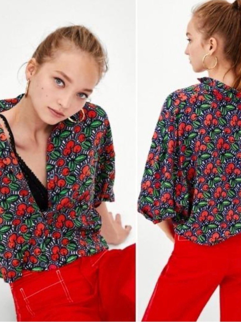 Zara Cherry Print Short Sleeve blouse retro sz medium